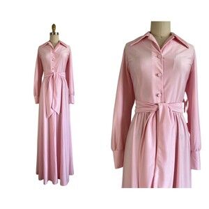 Vintage 1970s Sugary Sweet Pink Silky Knit Long Sleeve Hostess Dress Size M